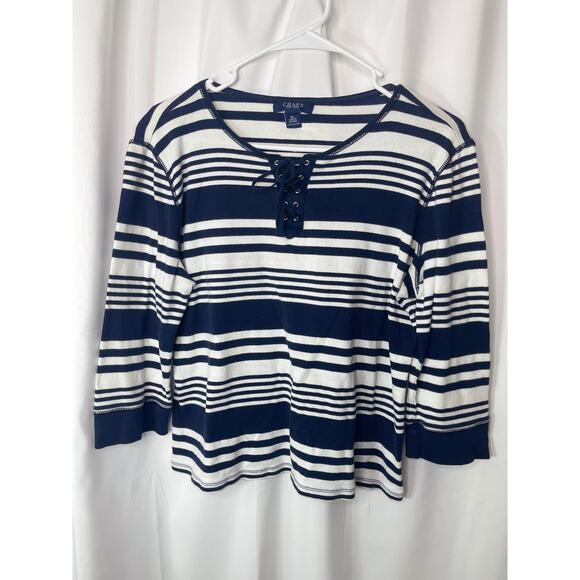 Chaps knit blouse shirt top women's XL extra large blue and white stripe cotton - Picture 9 of 12